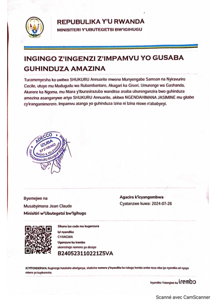 ITANGAZO RYO GUHINDUZA AMAZINA