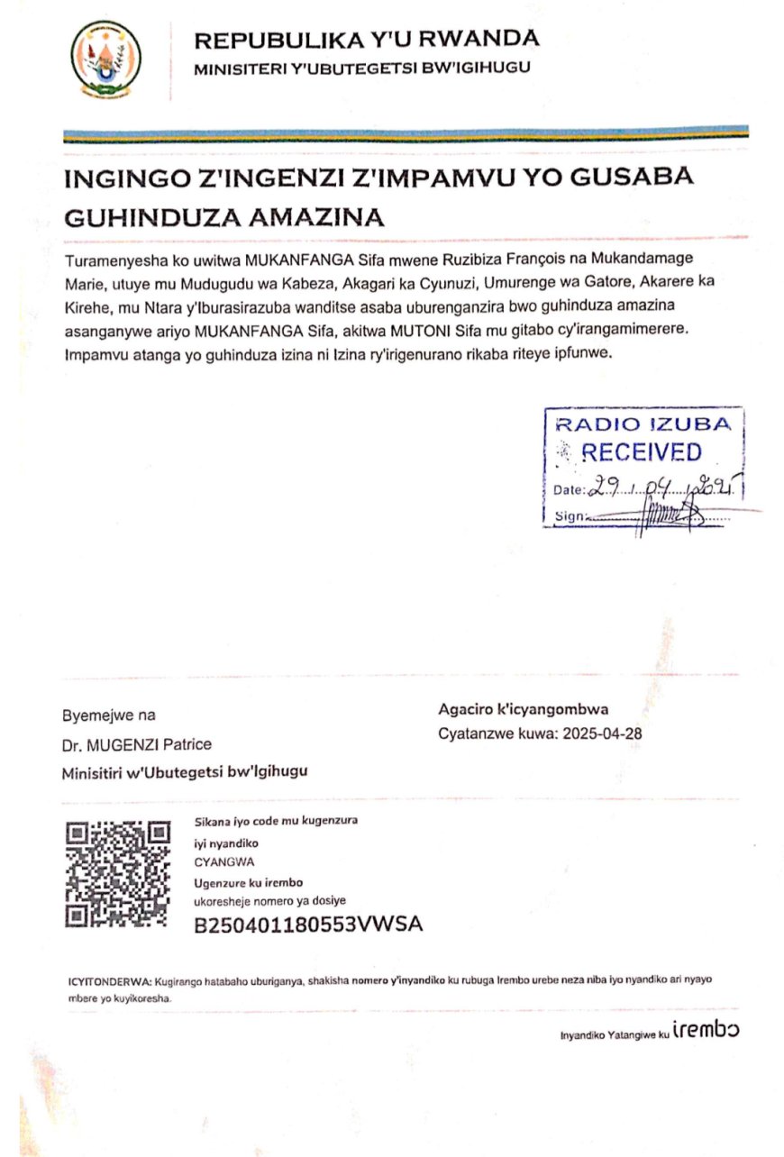 ITANGAZO RYO GUHINDUZA AMAZINA