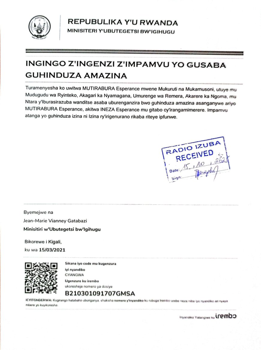 ITANGAZO RYO GUHINDUZA AMAZINA