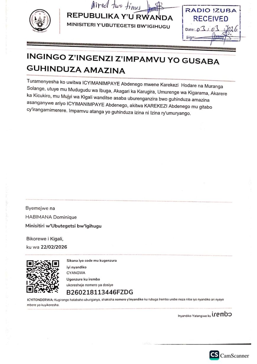 ITANGAZO RYO GUHINDUZA AMAZINA