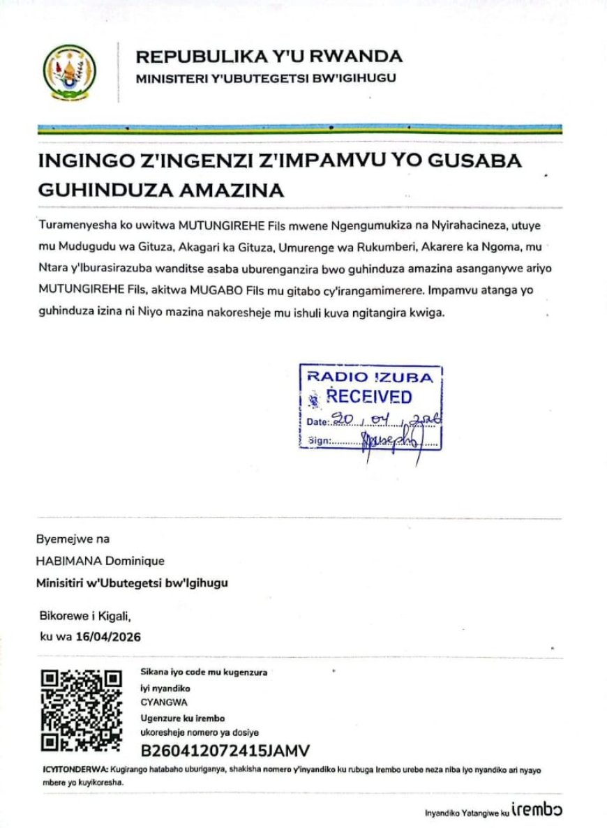 ITANGAZO RYO GUHINDUZA AMAZINA