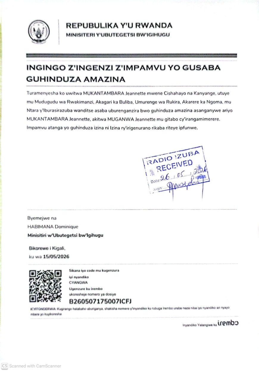 ITANGAZO RYO GUHINDUZA AMAZINA