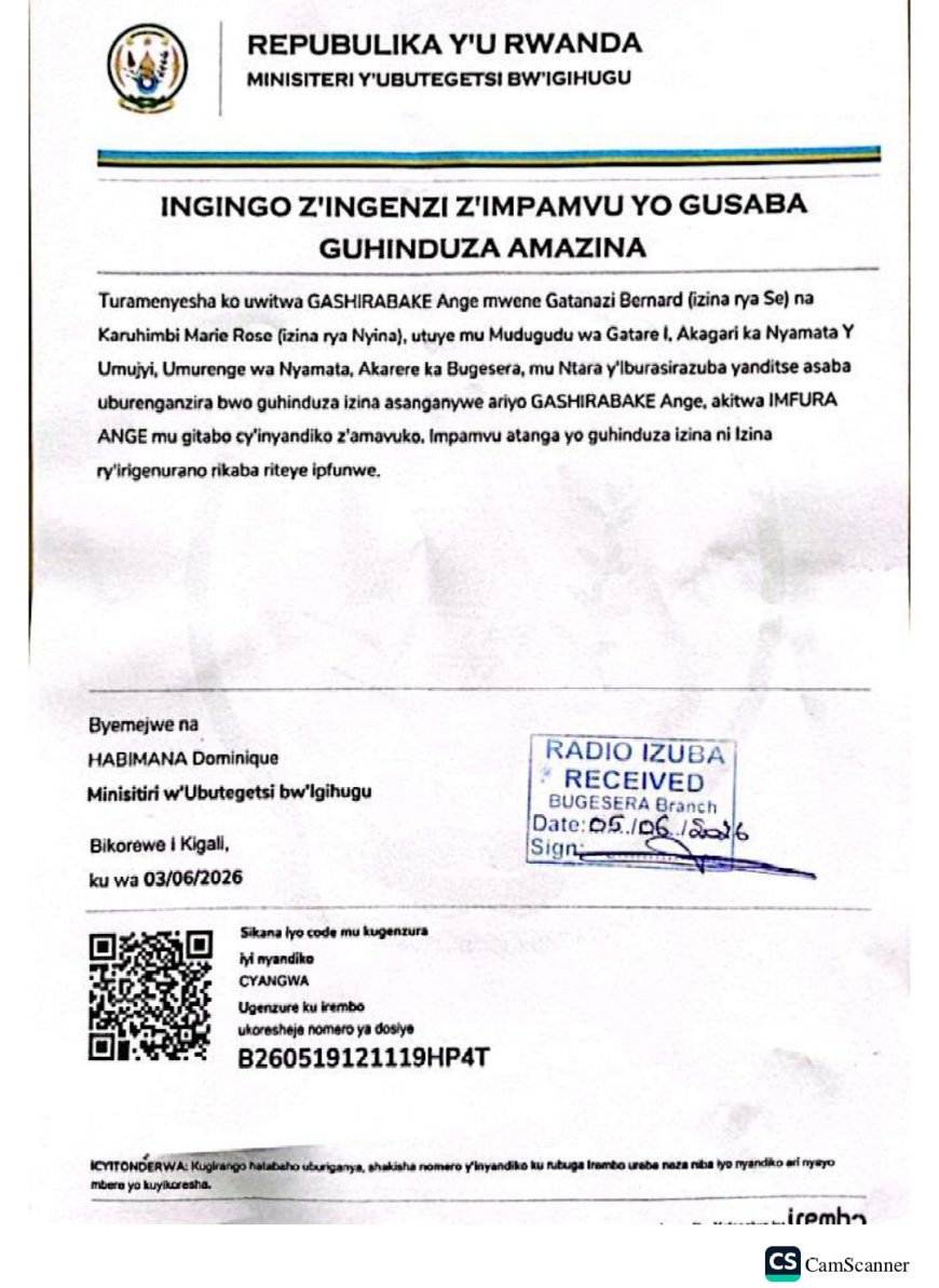 ITANGAZO RYO GUHINDUZA AMAZINA